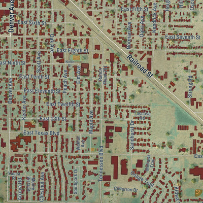 Close-up of the map of Dalhart, Texas print showing street and building detail