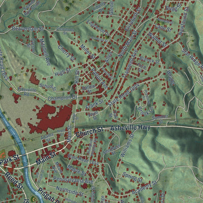 Close-up of the map of Canton, North Carolina print showing street and building detail