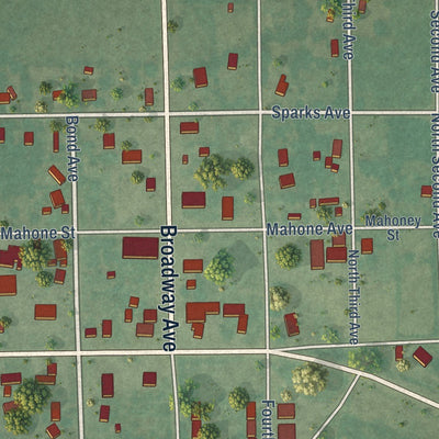 Close-up of the map of Dustin, Oklahoma print showing street and building detail