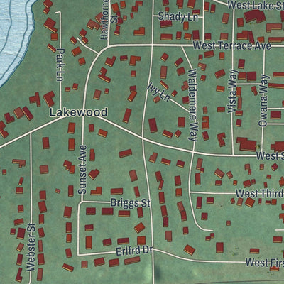 Close-up of the map of Lakewood, New York print showing street and building detail