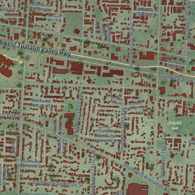 Close-up of the map of Aloha, Oregon print showing street and building detail
