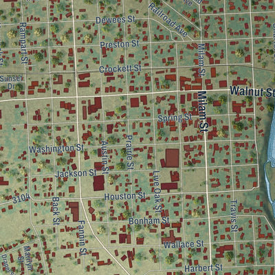 Close-up of the map of Columbus, Texas print showing street and building detail