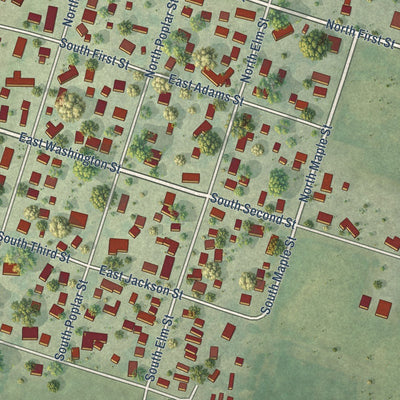 Close-up of the map of Loda, Illinois print showing street and building detail