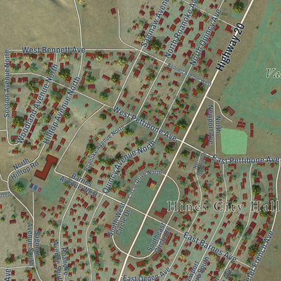 Close-up of the map of Hines, Oregon print showing street and building detail