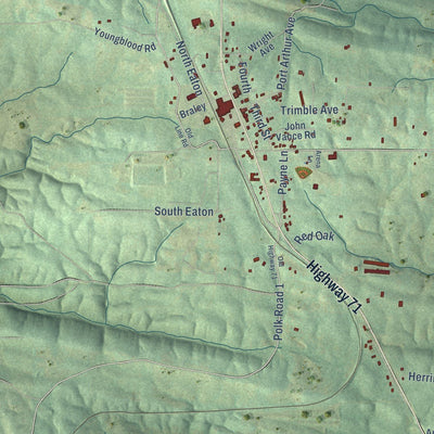 Close-up of the map of Grannis, Arkansas print showing street and building detail