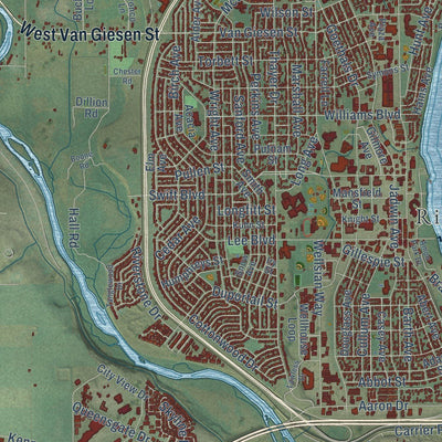 Close-up of the map of Richland, Washington print showing street and building detail