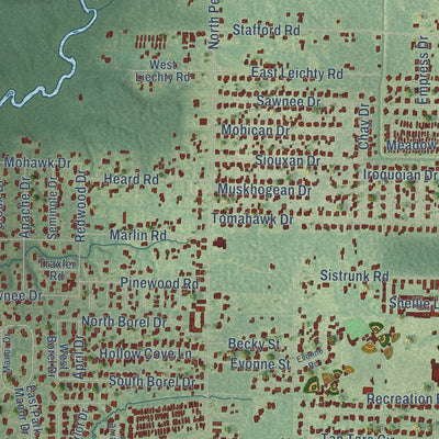 Close-up of the map of Moss Bluff, Louisiana print showing street and building detail