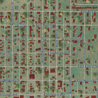 Close-up of the map of Thomas, Oklahoma print showing street and building detail