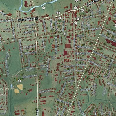 Close-up of the map of Plainville, Connecticut print showing street and building detail