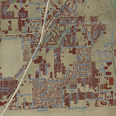 Close-up of the map of Victorville, California print showing street and building detail