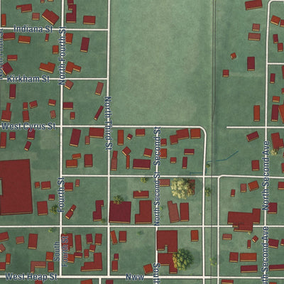 Close-up of the map of Farmersburg, Indiana print showing street and building detail