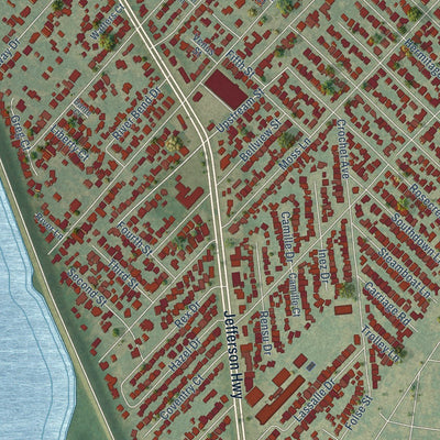 Close-up of the map of River Ridge, Louisiana print showing street and building detail