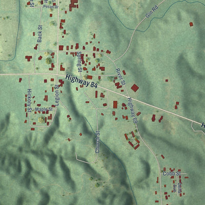 Close-up of the map of Coffeeville, Alabama print showing street and building detail