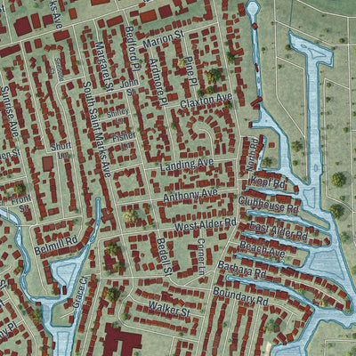 Close-up of the map of Bellmore, New York print showing street and building detail