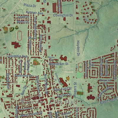 Close-up of the map of Waterloo, Illinois print showing street and building detail