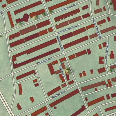 Close-up of the map of Greenspring, Maryland print showing street and building detail