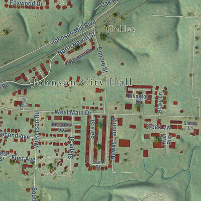 Close-up of the map of Johnson, Arkansas print showing street and building detail