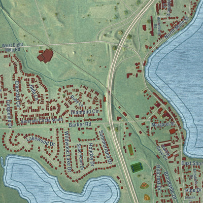 Close-up of the map of Whitmore Lake, Michigan print showing street and building detail