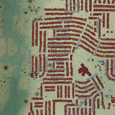 Close-up of the map of Providence Village, Texas print showing street and building detail