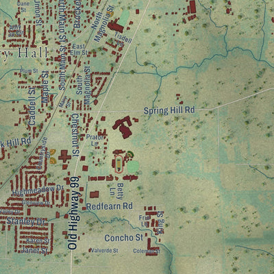 Close-up of the map of Aubrey, Texas print showing street and building detail