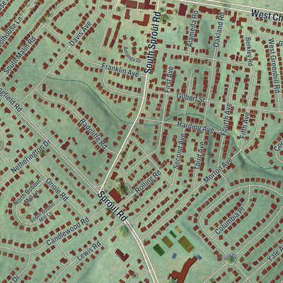 Close-up of the map of Broomall, Pennsylvania print showing street and building detail