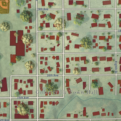 Close-up of the map of Gilbertville, Iowa print showing street and building detail