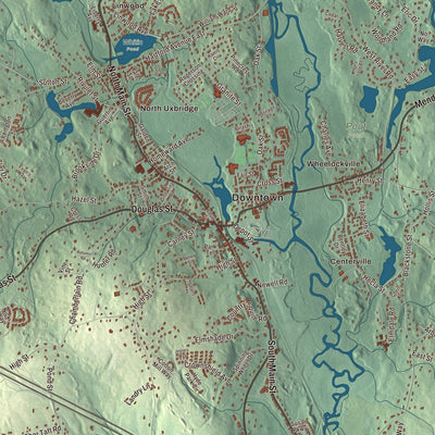 Close-up of the map of Uxbridge, Massachusetts print showing streets and neighborhoods