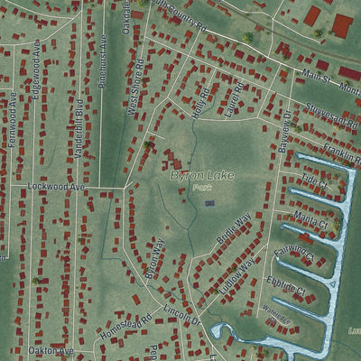 Close-up of the map of Oakdale, New York print showing street and building detail