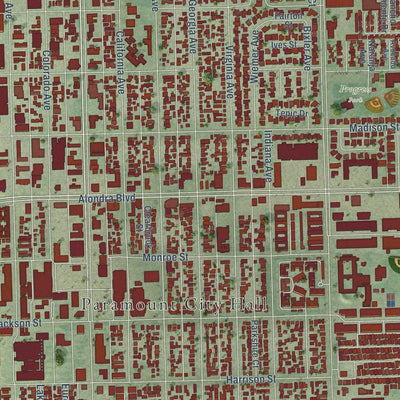 Close-up of the map of Paramount, California print showing street and building detail