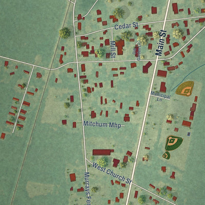 Close-up of the map of Bonneau, South Carolina print showing street and building detail