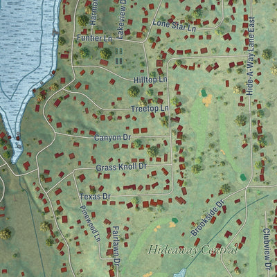 Close-up of the map of Hideaway, Texas print showing street and building detail