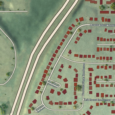 Close-up of the map of Joyland, Georgia print showing street and building detail