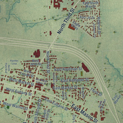 Close-up of the map of Mabank, Texas print showing street and building detail