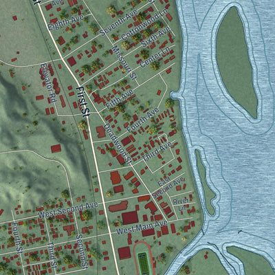 Close-up of the map of Fort Pierre, South Dakota print showing street and building detail