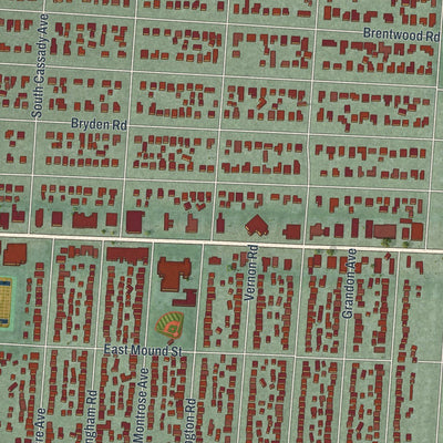Close-up of the map of Bexley, Ohio print showing street and building detail