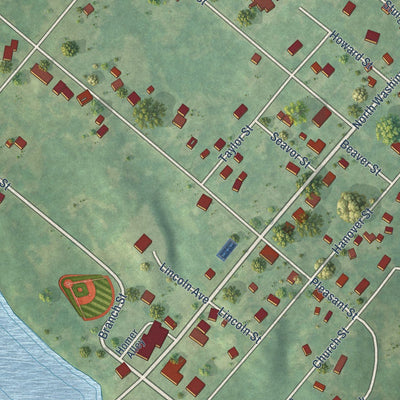 Close-up of the map of Hubbardston, Michigan print showing street and building detail