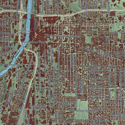 Close-up of the map of Grand Rapids, Michigan print showing street and building detail