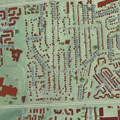 Close-up of the map of West Falls Church, Virginia print showing street and building detail