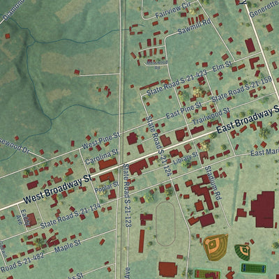 Close-up of the map of Johnsonville, South Carolina print showing street and building detail