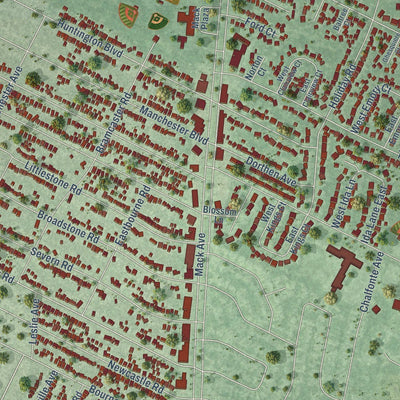 Close-up of the map of Grosse Pointe Woods, Michigan print showing street and building detail