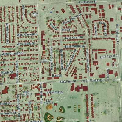 Close-up of the map of Tea, South Dakota print showing street and building detail