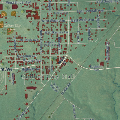 Close-up of the map of Colbert, Oklahoma print showing street and building detail
