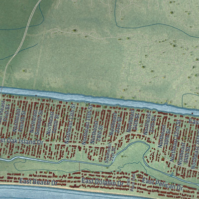Close-up of the map of Oak Island, North Carolina print showing street and building detail