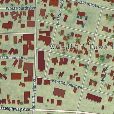Close-up of the map of Woodhull, Illinois print showing street and building detail