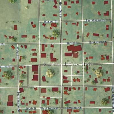 Close-up of the map of Richland, Iowa print showing street and building detail