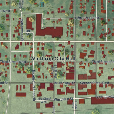 Close-up of the map of Winthrop, Minnesota print showing street and building detail