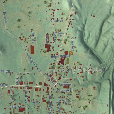 Close-up of the map of Berry, Alabama print showing street and building detail