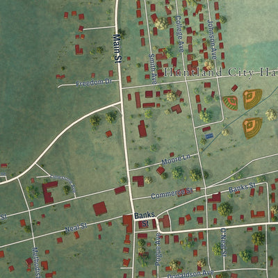 Close-up of the map of Huntland, Tennessee print showing street and building detail