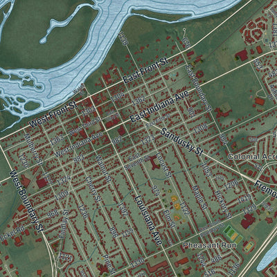 Close-up of the map of Perrysburg, Ohio print showing street and building detail