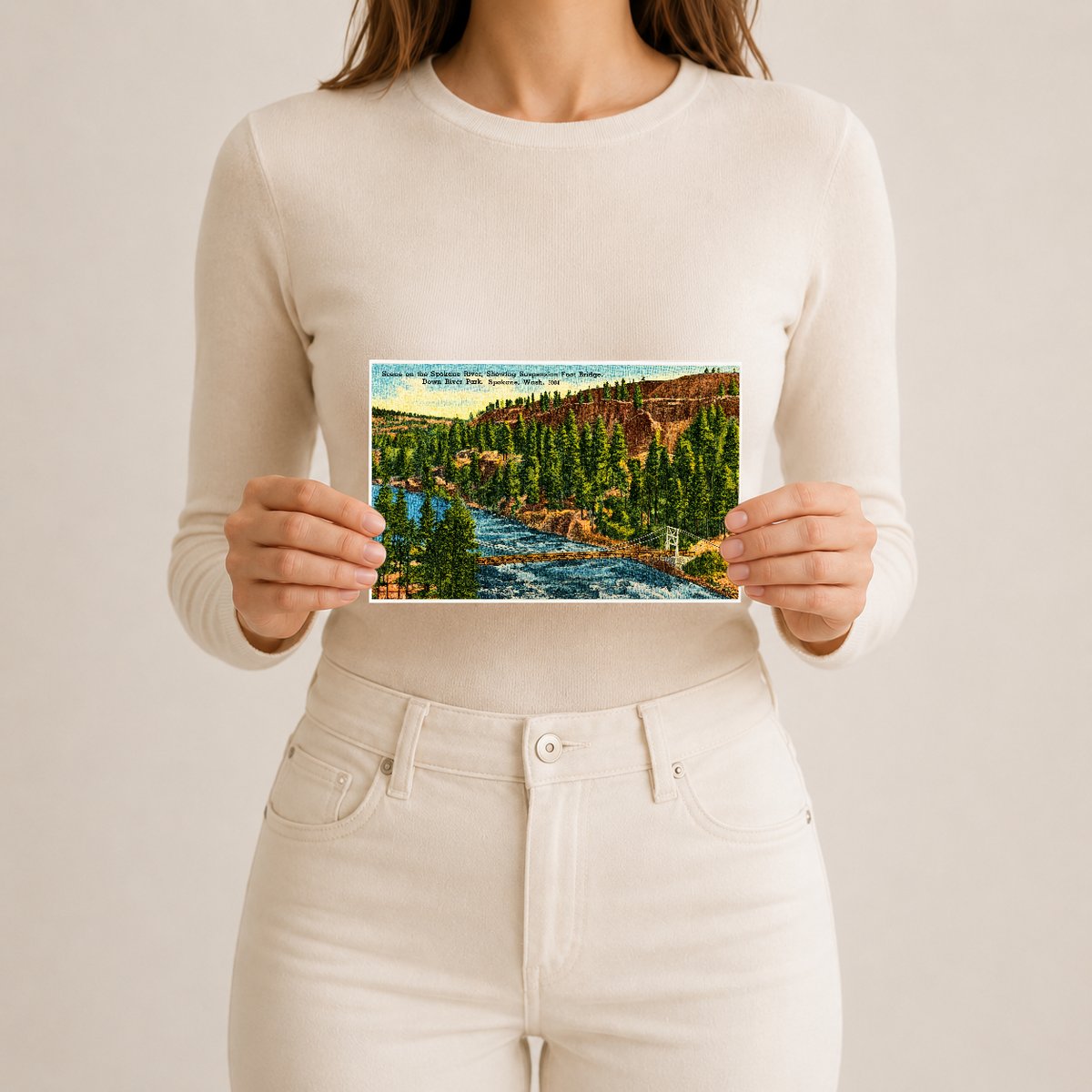 Spokane, WA: Scene on the Spokane River, showing suspension foot bridge, Down River Park
